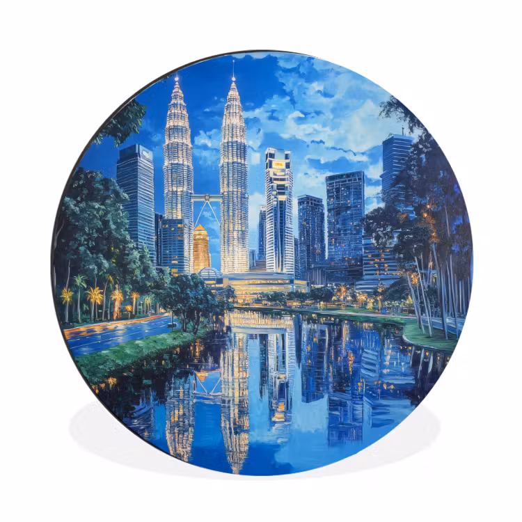Wandcirkel - Aluminium - Stad Kuala Lumpur - Skyline - Wolkenkrabbers - Water — 1
