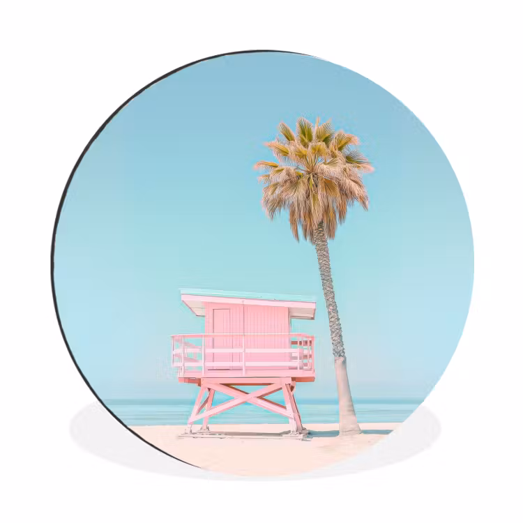 Wandcirkel - Aluminium - Palmboom - Strandhuis - Roze — 1