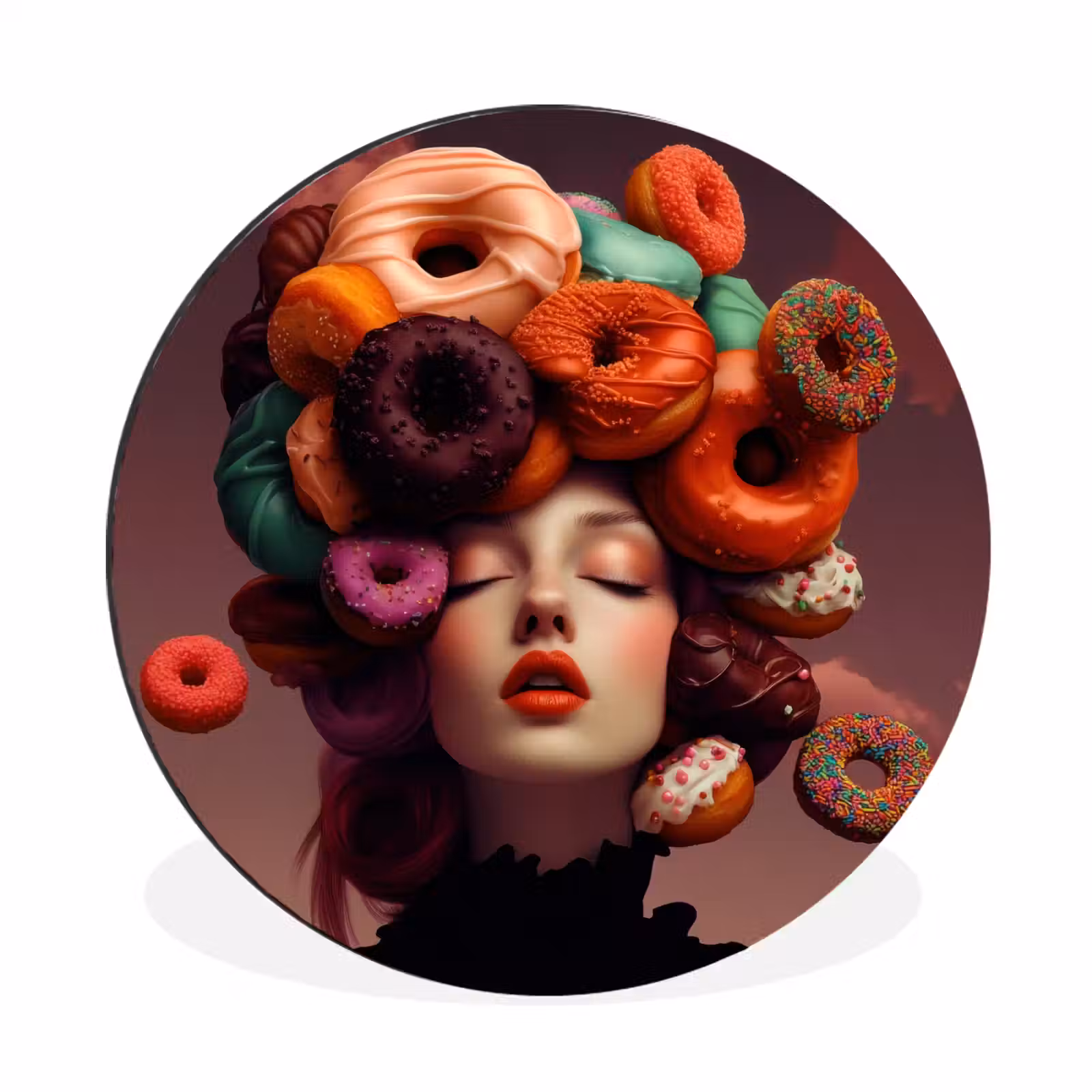 Wandcirkel - Aluminium - Vrouw - Donuts - Kleurrijk — 1