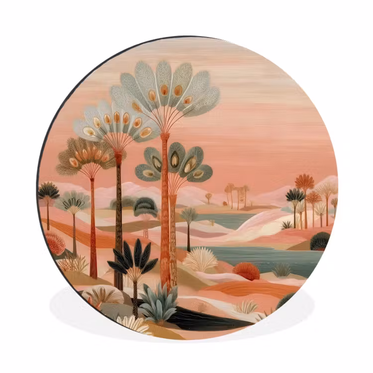 Wandcirkel - Aluminium - Roze landschap - Palmen - Water — 1