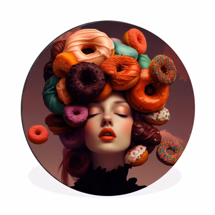 Wandcirkel - Aluminium - Vrouw - Donuts - Kleurrijk — 1