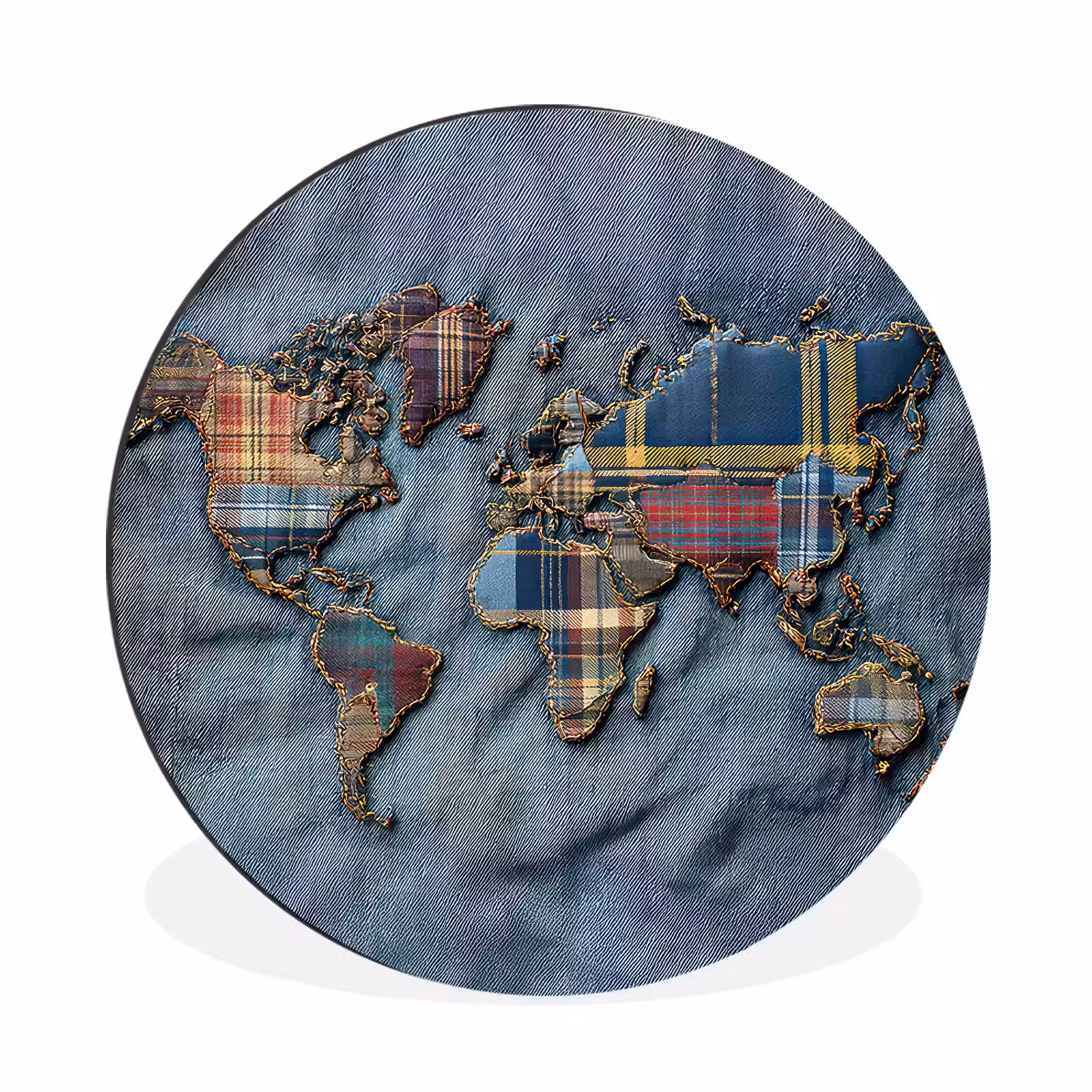 Wandcirkel - Aluminium - Wereldkaart - Denim - Textiel — 1