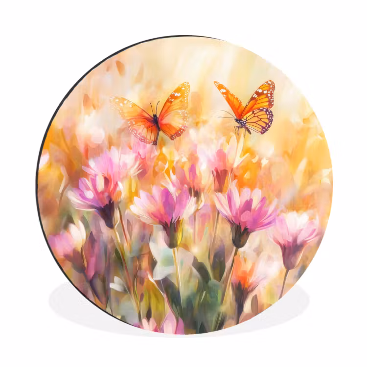Wandcirkel - Aluminium - Vlinders - Oranje - Bloemen — 1