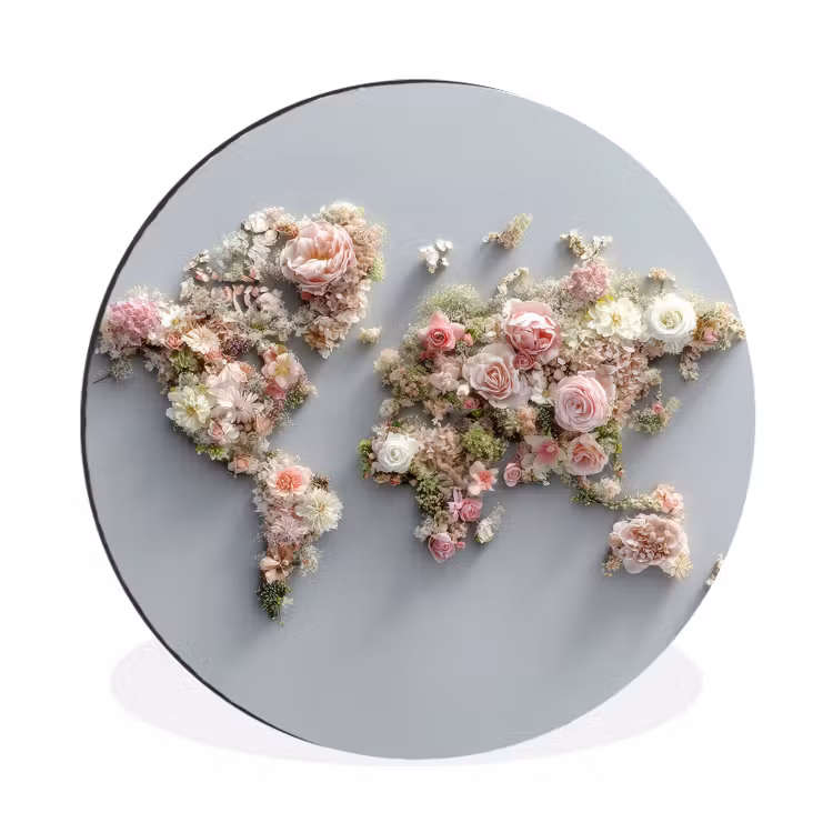 Wandcirkel - Aluminium - Wereldkaart - Rozen - Roze — 1