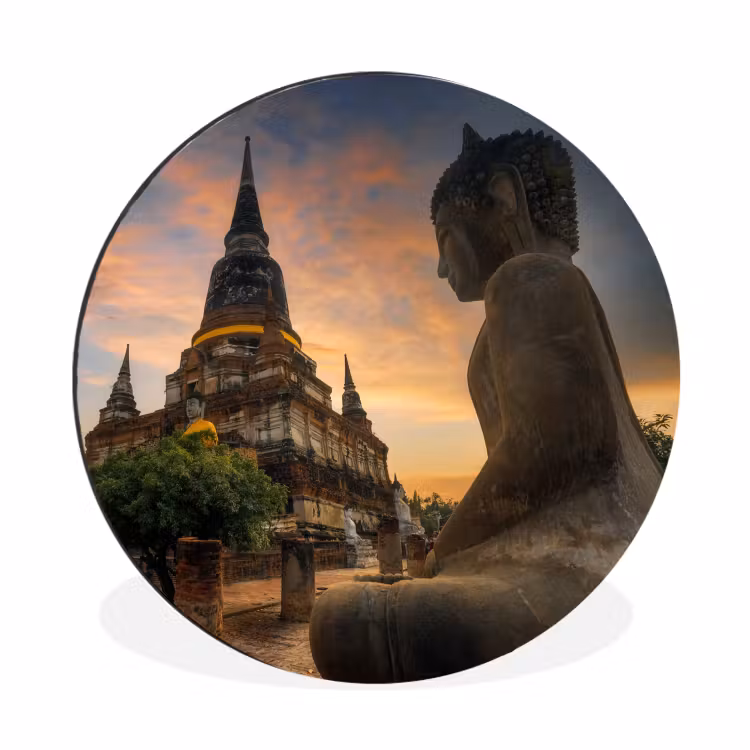 Wandcirkel - Aluminium - Tempel - Zonsondergang - Boeddha beelden - Buddha — 1