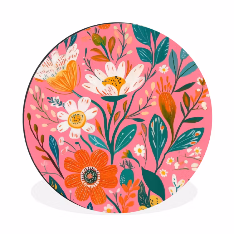 Wandcirkel - Aluminium - Roze - Bloemen - Wit - Oranje — 1