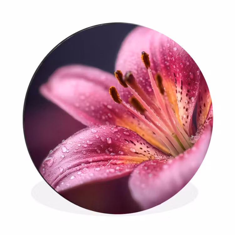 Wandcirkel - Aluminium - Roze - lelie - Dauwdruppels — 1