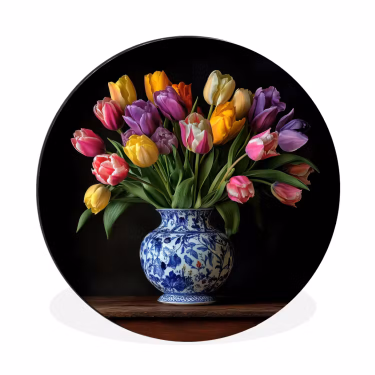 Wandcirkel - Aluminium - Tulpen - Kleuren - Hout - Vaas — 1
