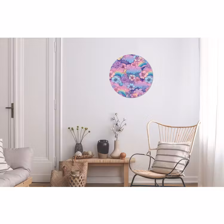 Wandcirkel - Aluminium - Regenbogen - Bloemen - Kleurrijk - Wolken — 2