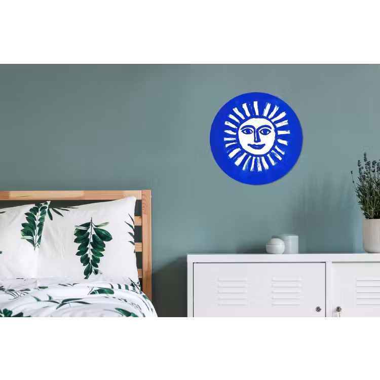 Wandcirkel - Aluminium - Zon - Gezicht - Penseelstructuur - Blauw — 4