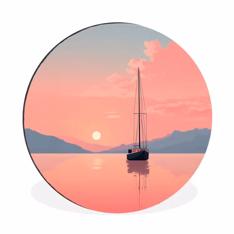 Wandcirkel - Aluminium - Zeilboot - Roze zee - Zonsondergang - Bergen — 1