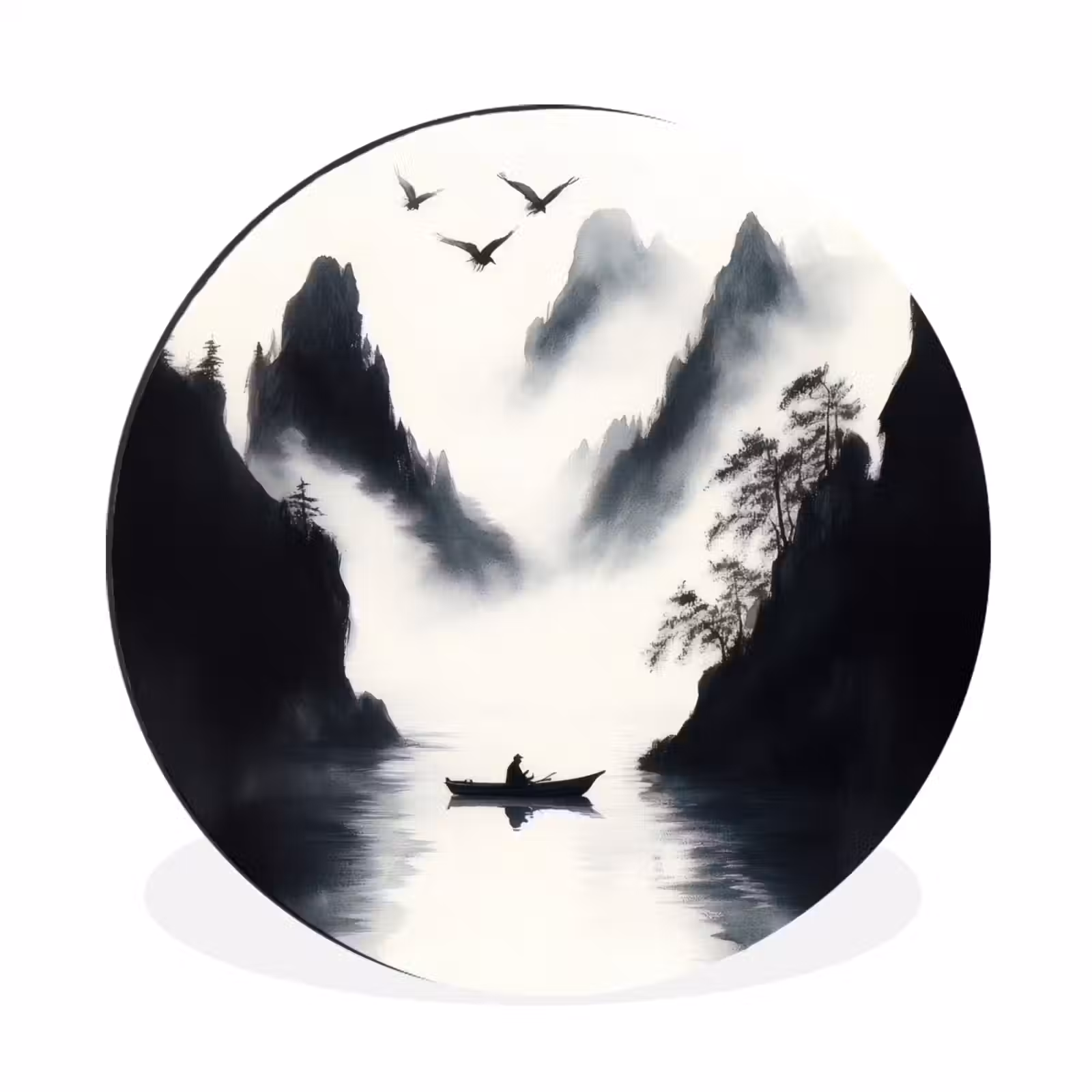 Wandcirkel - Aluminium - Roeiboot - Mistig - Bergen - Vogels — 1