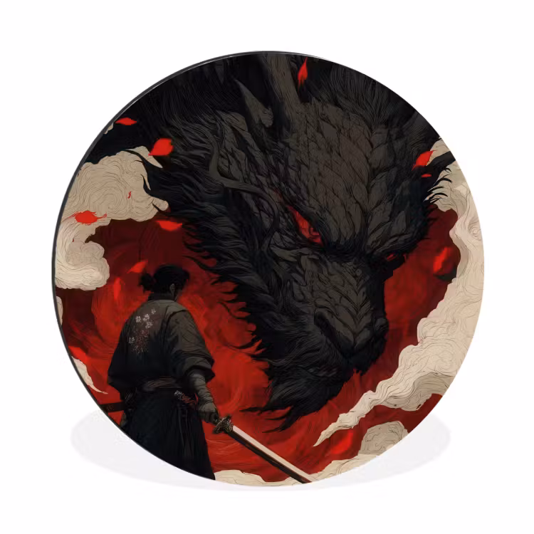 Wandcirkel - Aluminium - Krijger - Draak - Zwart - Rood - Rook — 1