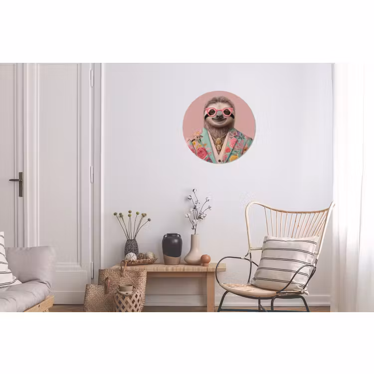 Wandcirkel - Aluminium - Luiaard - Bloemenprint - Bril - Roze — 2