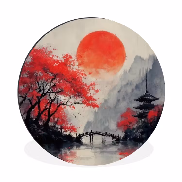 Wandcirkel - Aluminium - Rode zon - Rivier - brug - Bomen — 1