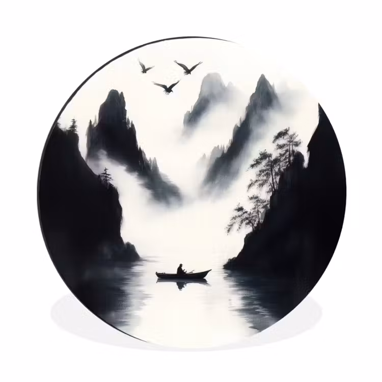 Wandcirkel - Aluminium - Roeiboot - Mistig - Bergen - Vogels — 1