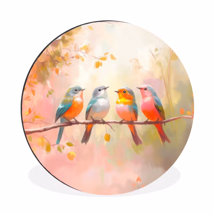 Wandcirkel - Aluminium - Vogels - Kleurrijk - Tak — 1