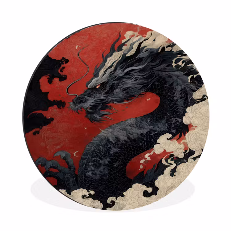 Wandcirkel - Aluminium - Zwarte draak - Rookwolken - Rood — 1