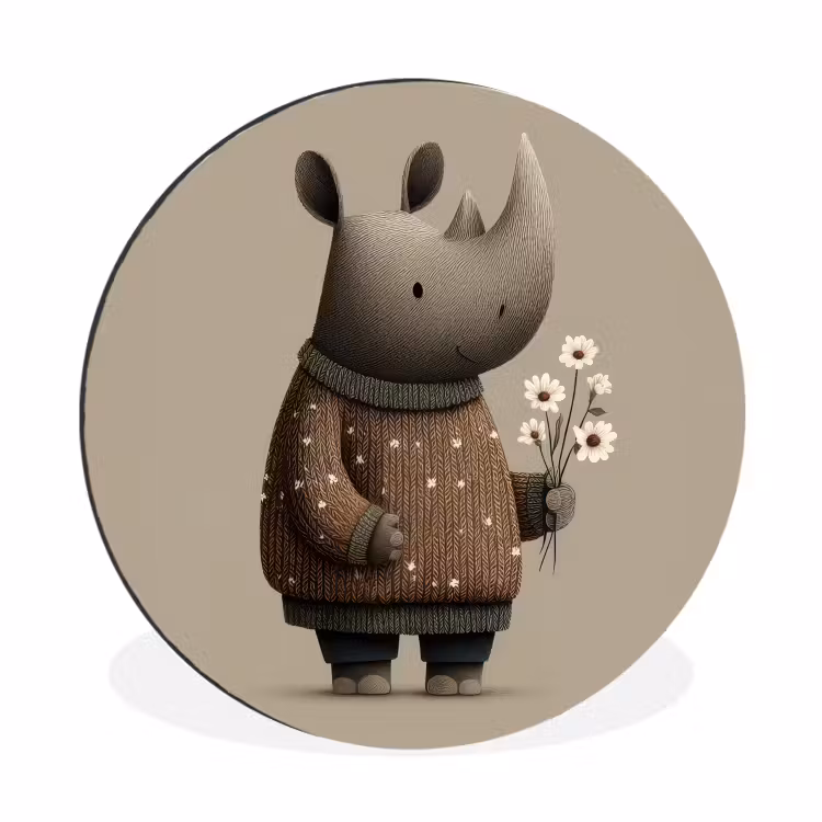 Wandcirkel - Aluminium - Neushoorn - Witte bloemen - Lief — 1