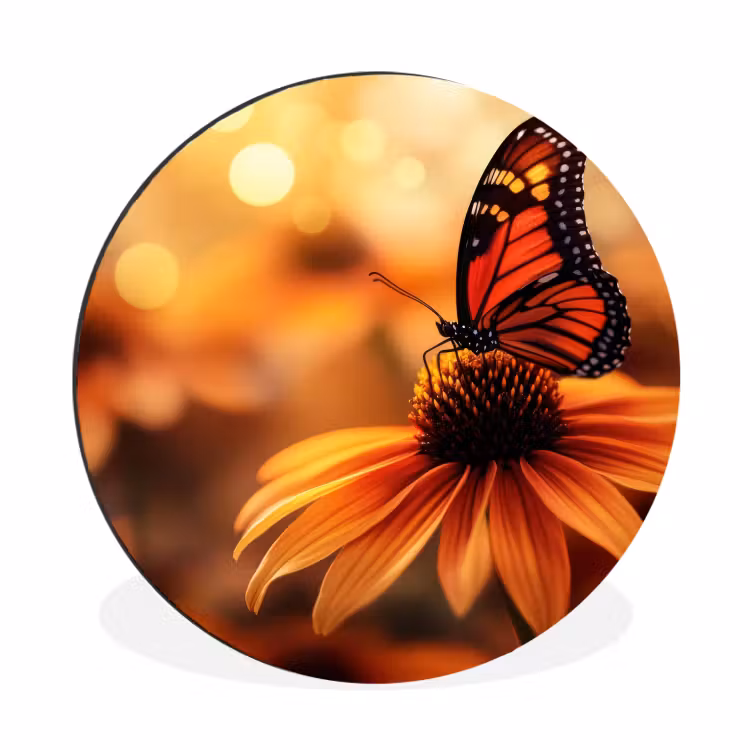 Wandcirkel - Aluminium - Vlinder - Bloemen - Oranje — 1