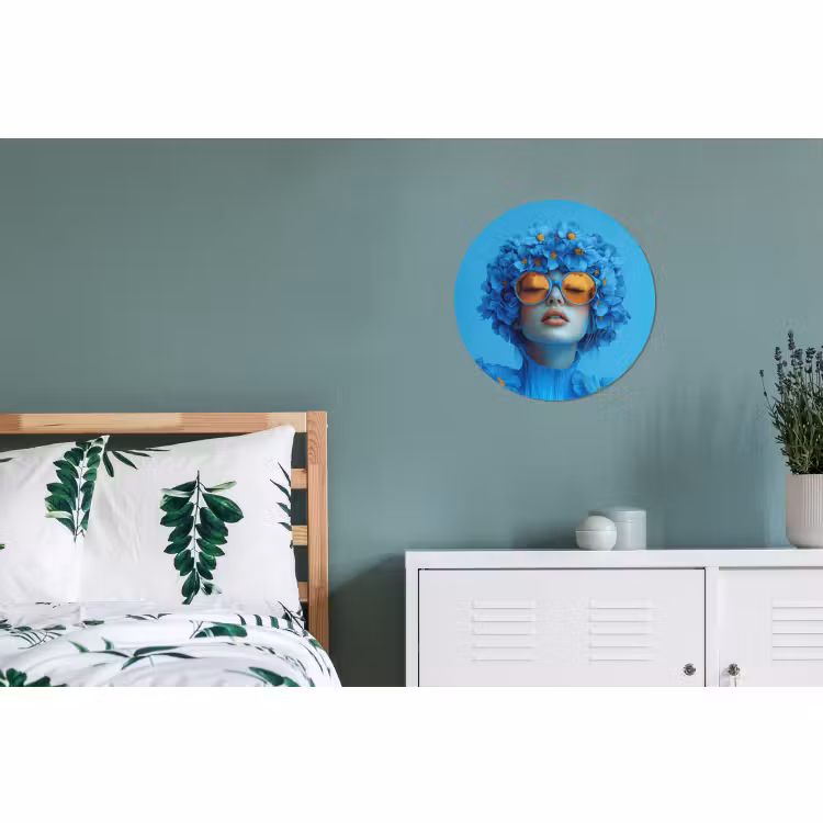 Wandcirkel - Aluminium - Vrouw - Bloem - Blauw - Modern - Bril - Portret — 4
