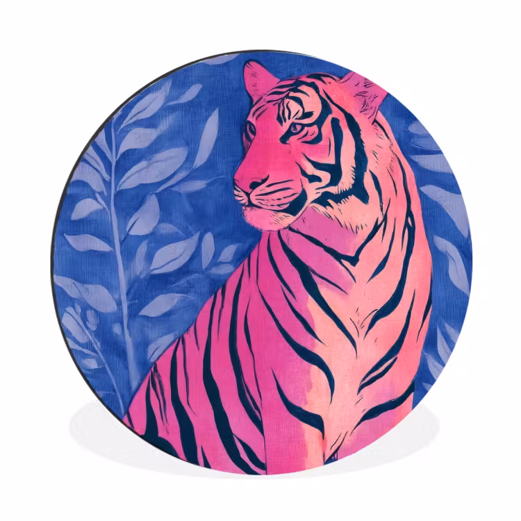 Wandcirkel - Aluminium - Tijger - Roze - Bladeren - Jungle — 1