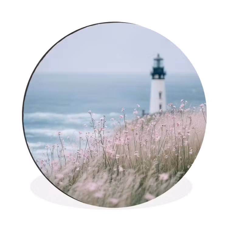 Wandcirkel - Aluminium - Vuurtoren - Klif - Zee - Bloemen — 1