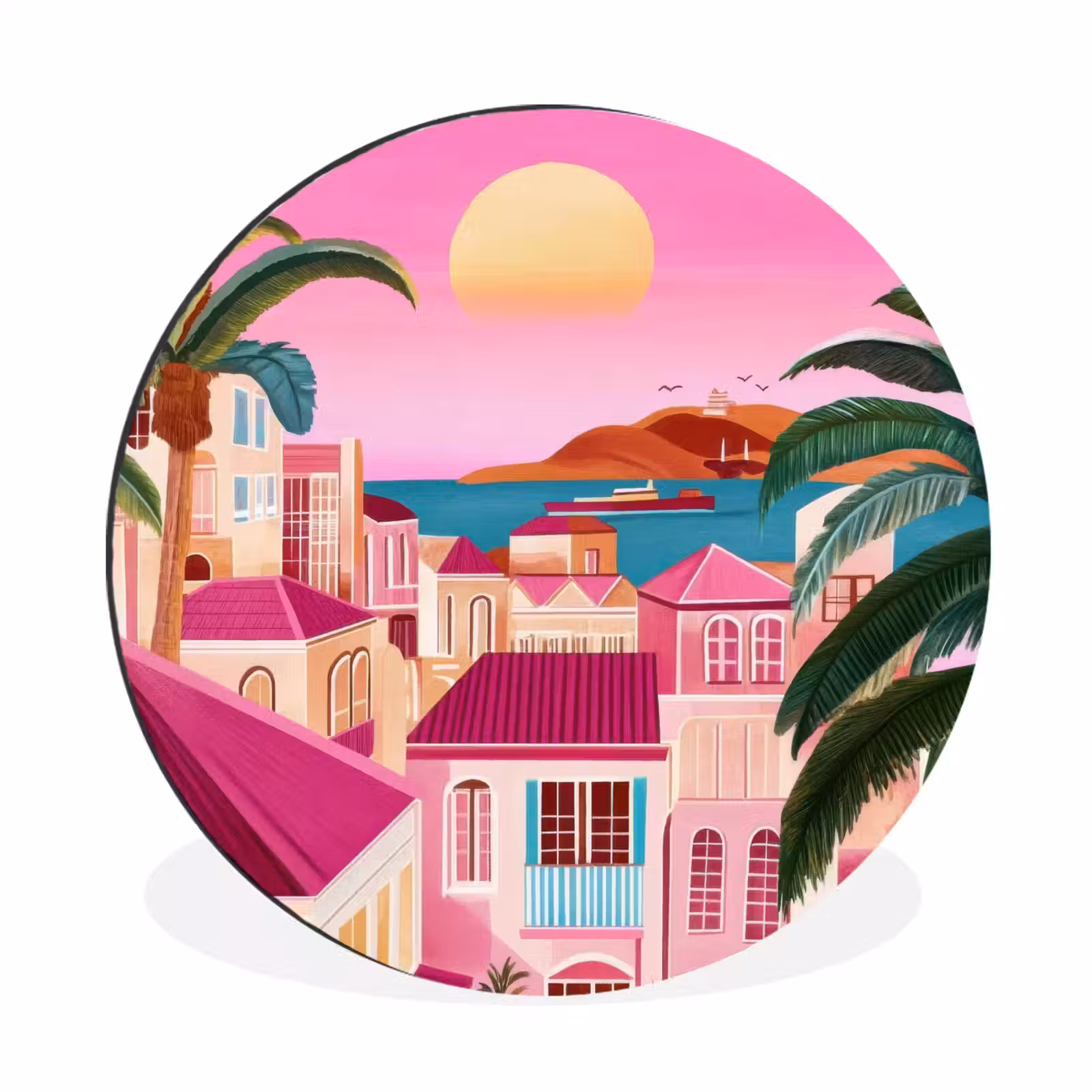 Wandcirkel - Aluminium - Stad - Roze - Palmbomen — 1