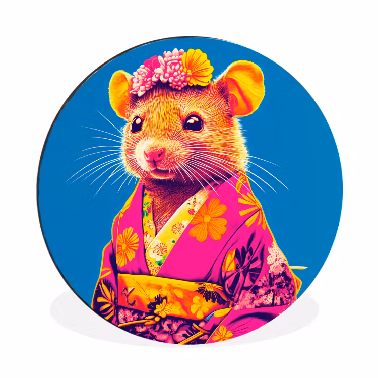 Wandcirkel - Aluminium - Muis - Kimono - Bloemen - Blauw — 1