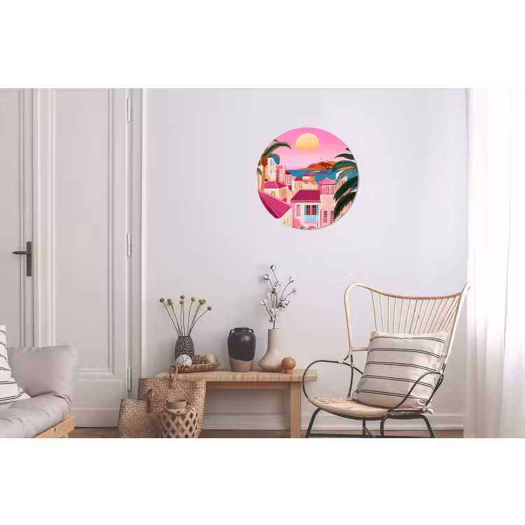 Wandcirkel - Aluminium - Stad - Roze - Palmbomen — 2
