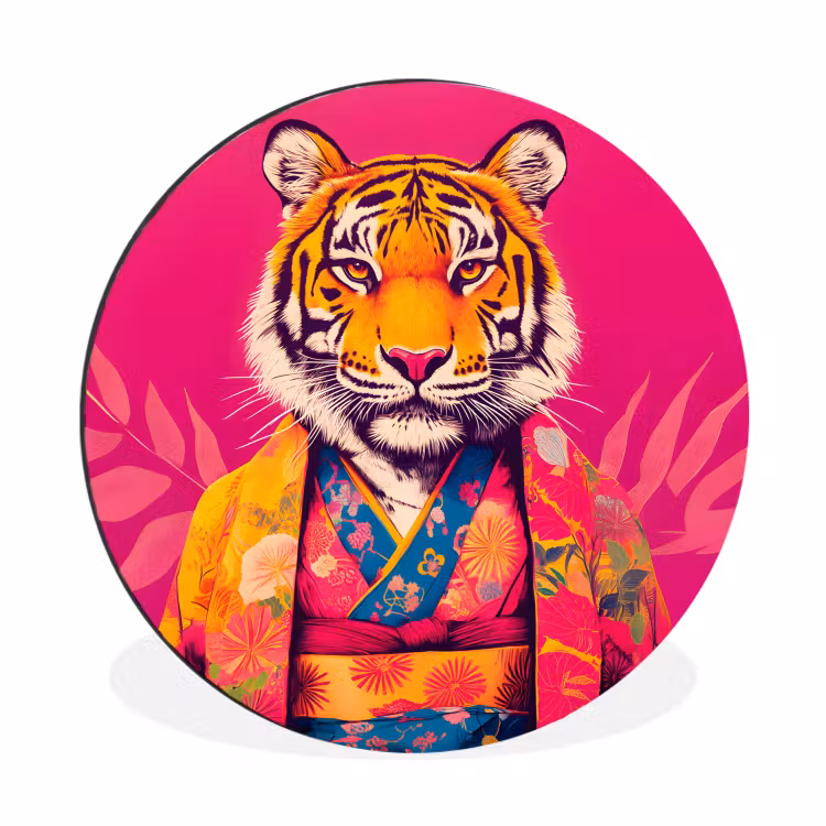 Wandcirkel - Aluminium - Tijger - Kimono - Planten - Roze — 1