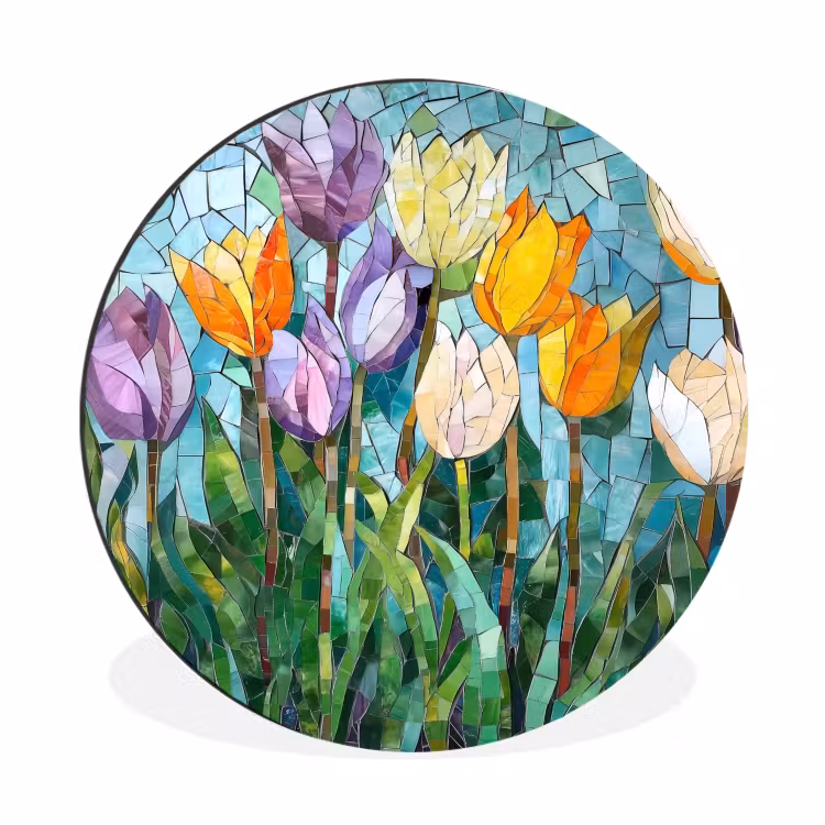 Wandcirkel - Aluminium - Mozaïek - Veld - Tulpen - Kleurrijk — 1
