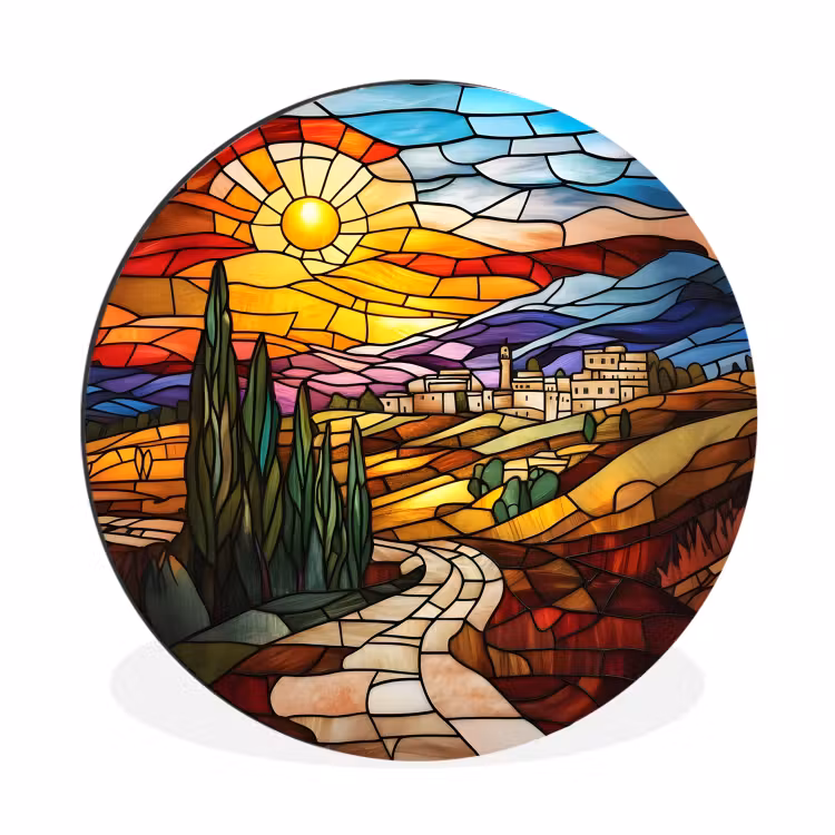 Wandcirkel - Aluminium - Mozaïek - Zon - Landschap - Dorp — 1