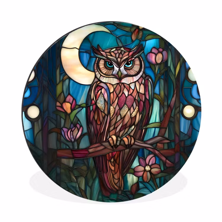 Wandcirkel - Aluminium - Uil - Mozaïek - Maan - Nacht — 1
