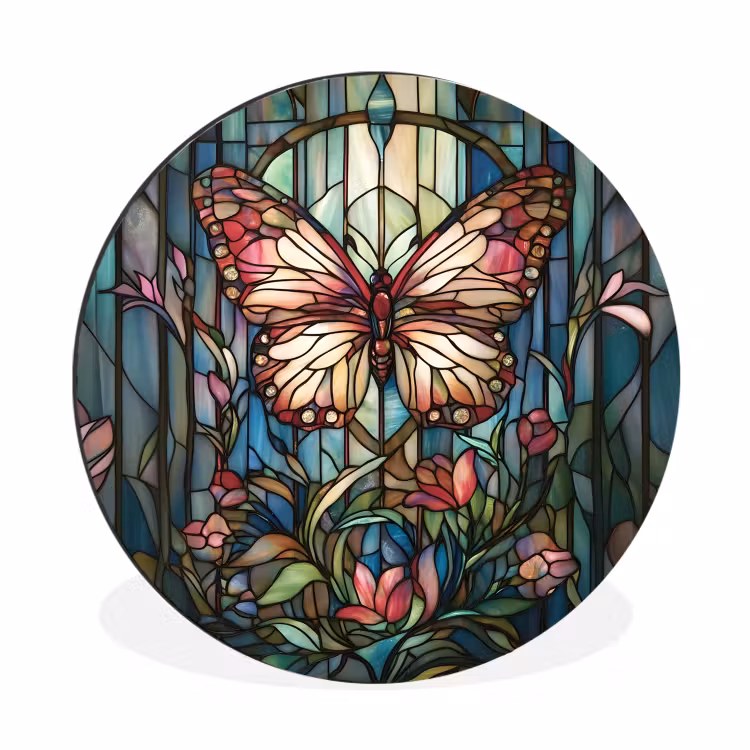 Wandcirkel - Aluminium - Vlinder - Roze - Bloemen - Bladeren — 1