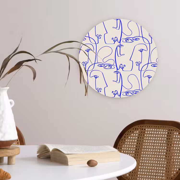 Wandcirkel - Glas - Gezicht - Blauw - Lijnen - Beige — 4