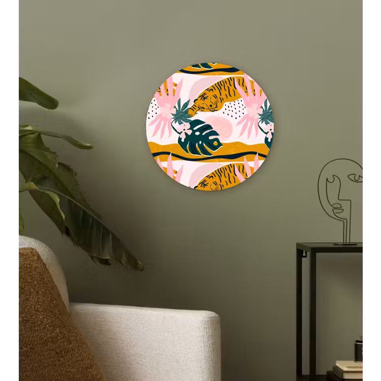 Wandcirkel - Glas - Tropisch - Tijger - Bladeren - Roze - Oranje — 3