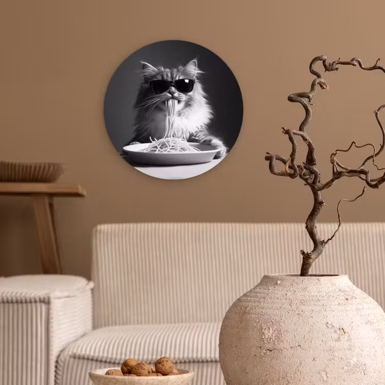 Wandcirkel - Glas - Langharige kat - Zonnebril - Spaghetti - Humor - Zwart - wit — 2