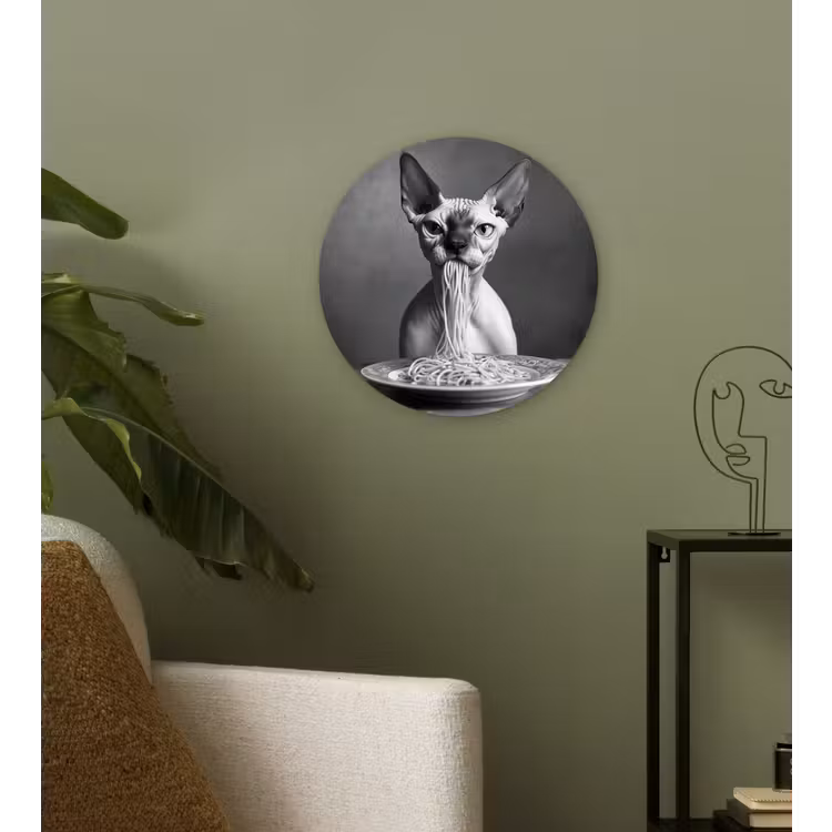 Wandcirkel - Glas - Sphynx - Kat - Dieren - Humor - Spaghetti - Zwart Wit — 3