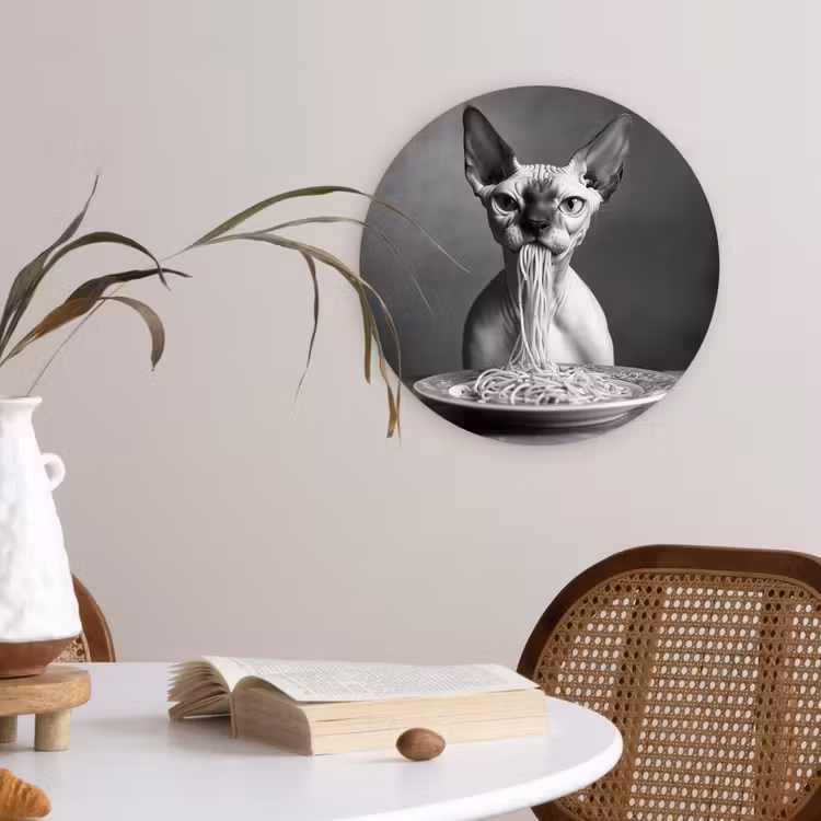 Wandcirkel - Glas - Sphynx - Kat - Dieren - Humor - Spaghetti - Zwart Wit — 4