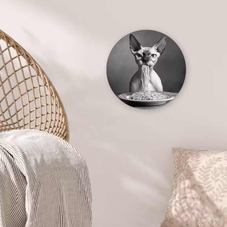 Wandcirkel - Glas - Sphynx - Kat - Dieren - Humor - Spaghetti - Zwart Wit — 5