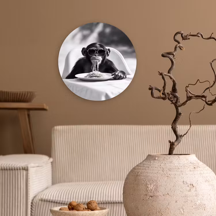 Wandcirkel - Glas - Aap - Spaghetti - Zonnebril - Zwart wit - Cool - Dier — 2