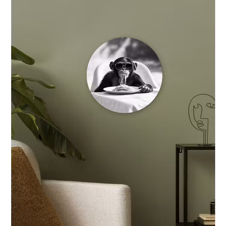 Wandcirkel - Glas - Aap - Spaghetti - Zonnebril - Zwart wit - Cool - Dier — 3