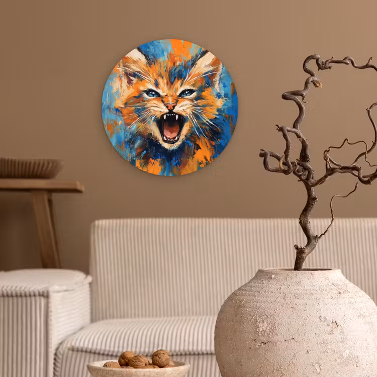 Wandcirkel - Glas - Kat - Kleurrijk - Oranje - Blauw — 2