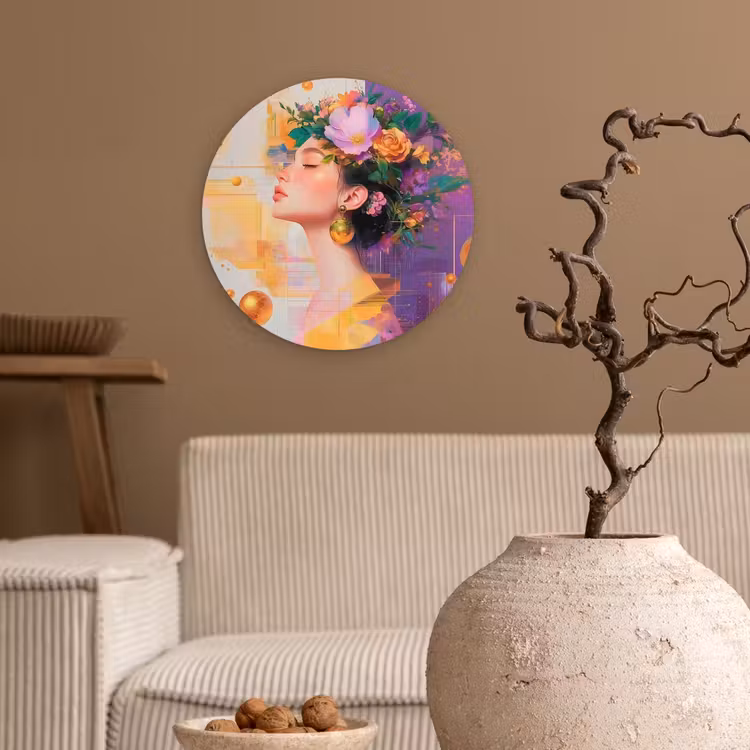 Wandcirkel - Glas - Abstract - Vrouw - Bloemenkroon - Goud — 2
