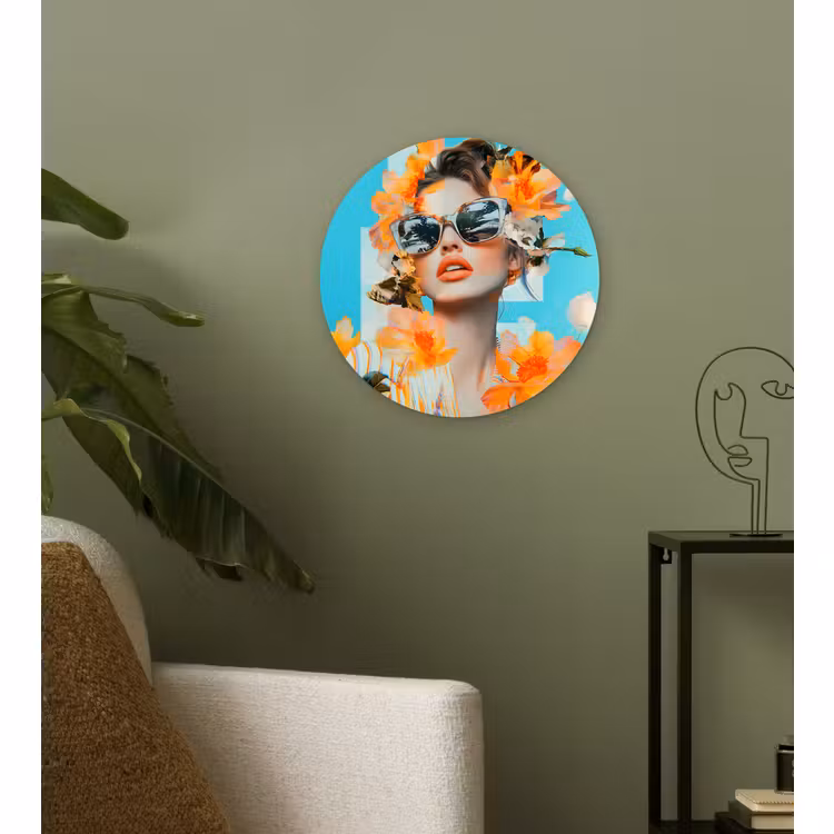 Wandcirkel - Glas - Bloemen - Vrouw - Zonnebril - Blauw — 3