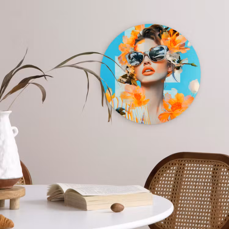 Wandcirkel - Glas - Bloemen - Vrouw - Zonnebril - Blauw — 4
