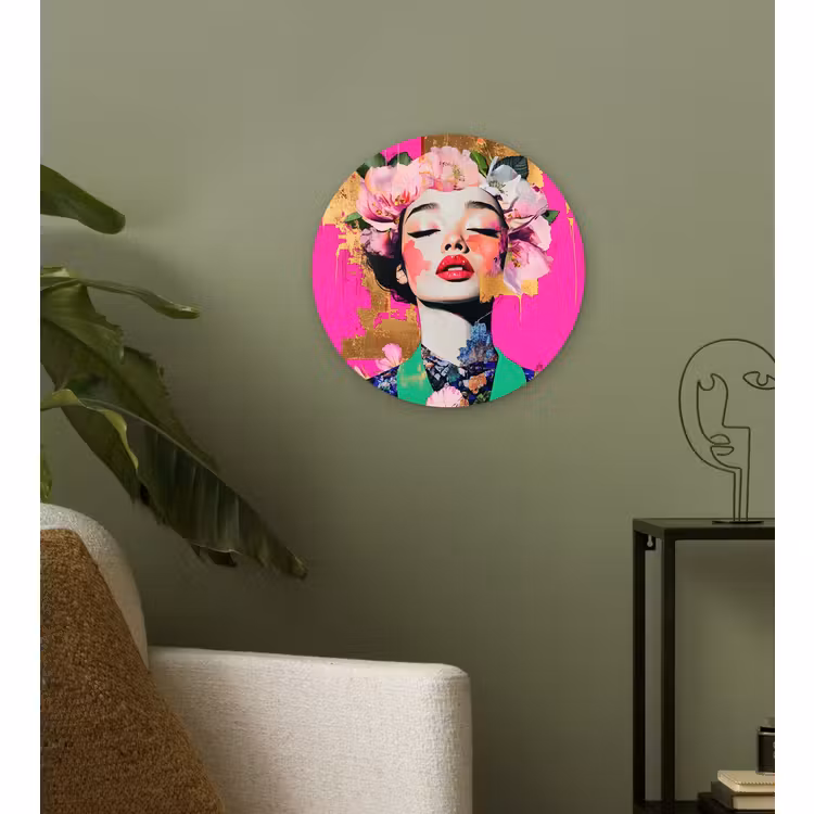 Wandcirkel - Glas - Bloemenkroon - Goud - Vrouw - Portret — 3
