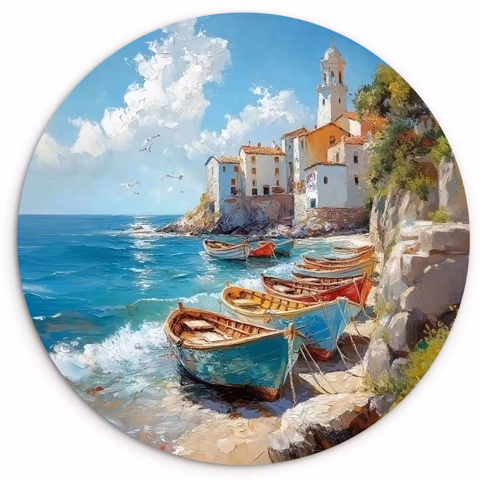 Wandcirkel - Glas - Boten - Rotsen - Zee - Zon — 1