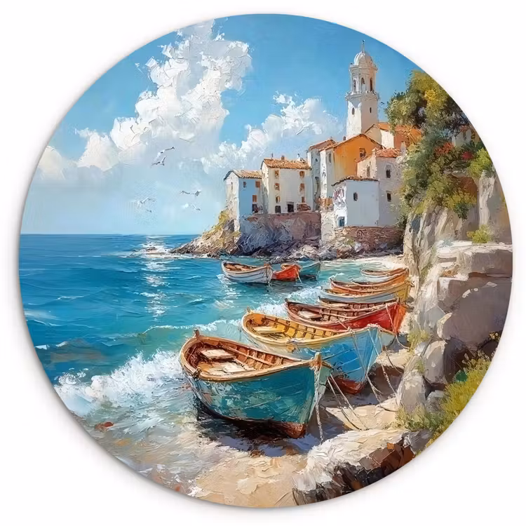 Wandcirkel - Glas - Boten - Rotsen - Zee - Zon — 1
